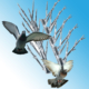 pigeons flying away from spikes with blue background