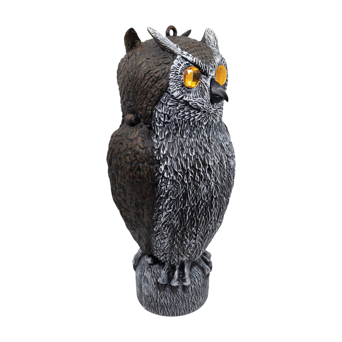 A double-sided realistic owl decoy with detailed black and white feathering, designed for pest control. The decorative sculpture features amber-colored reflective gemstone eyes, a textured body, and an eyelet at the top for hanging. This predator replica stands upright in a natural perched position and is crafted to deter birds, rodents, and other garden pests.