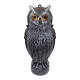 A realistic owl decoy with detailed black and white feathering, designed for pest control. The decorative sculpture features amber-colored reflective gemstone eyes, a textured body, and an eyelet at the top for hanging. This predator replica stands upright in a natural perched position and is crafted to deter birds, rodents, and other garden pests.